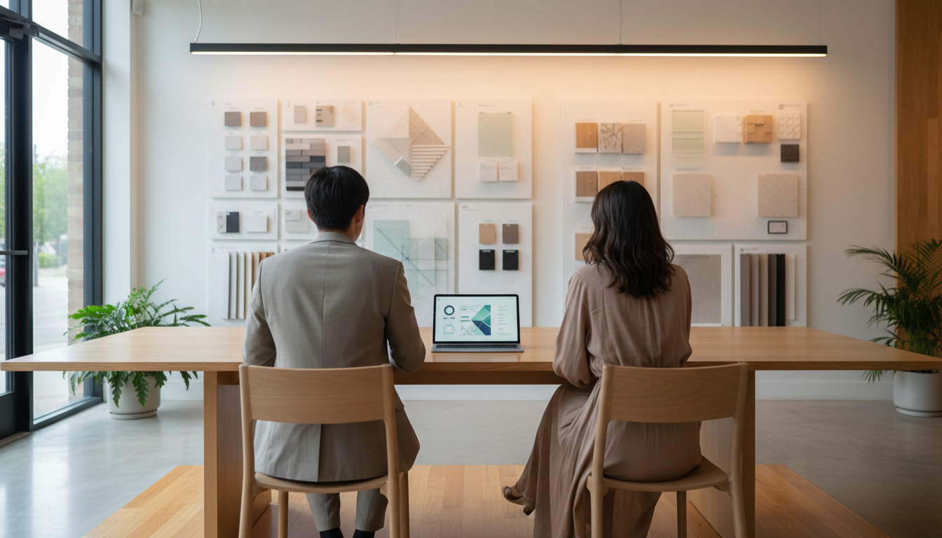 Designer and client at a consultation table with a tablet showing data visualisations