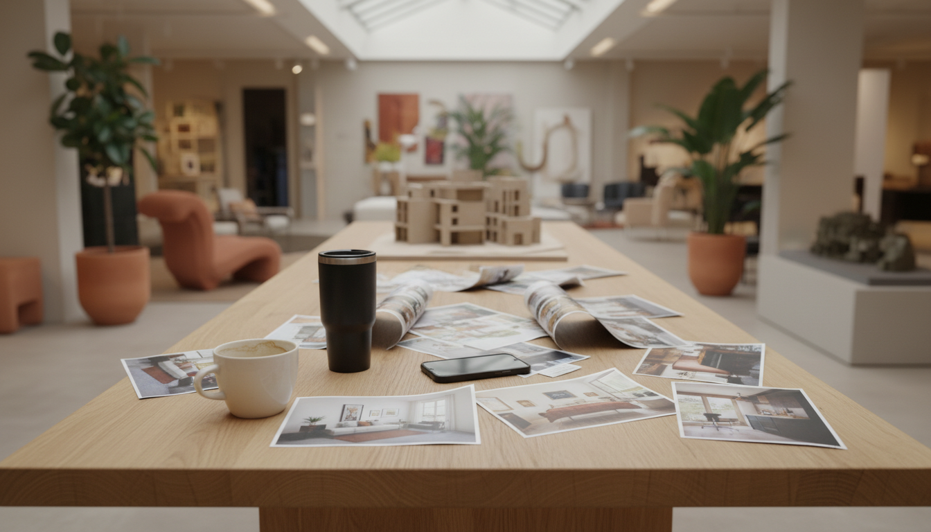 Consultation table with scattered Pinterest printouts of wildly different styles and two coffee cups