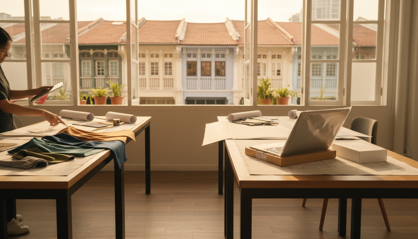 Empty desk in a busy interior design studio waiting for a new hire