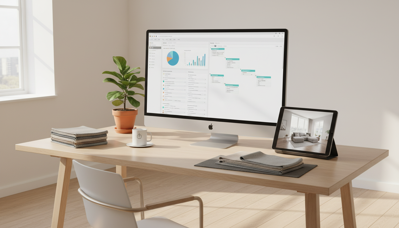 Modern interior design studio workspace with multiple software tools on screen